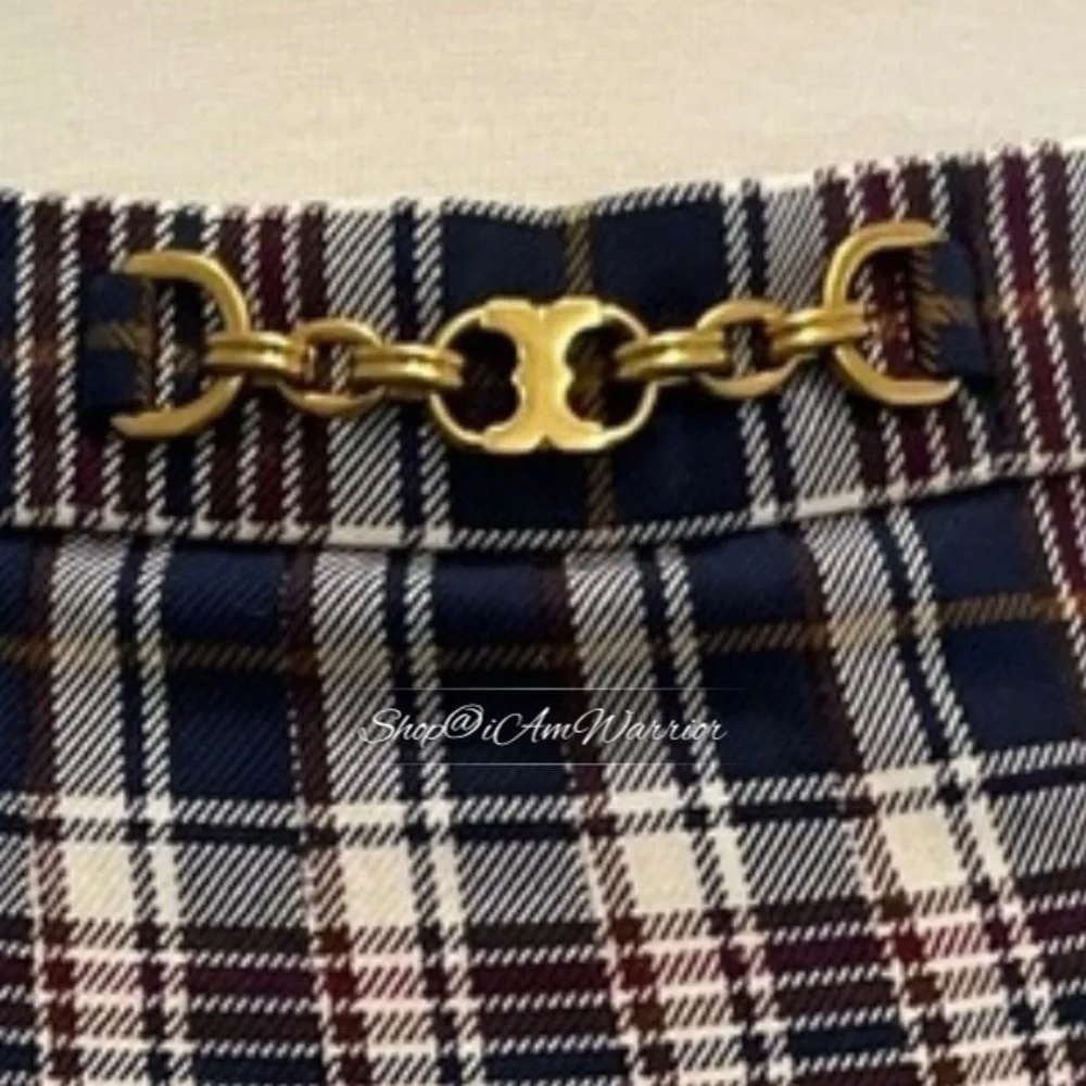Tory Burch pleated navy, ivory & burgundy plaid skirt shop@iamwarrior